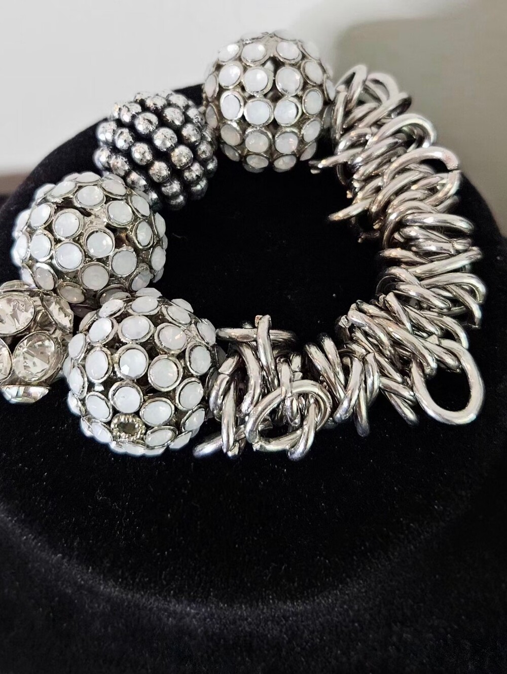 Silver-tone White Pave Bead Charm Bracelet
